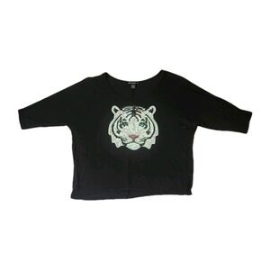 Women's Black 3/4 Sleeve T Shirt Tiger Sequin Graphic Print Top Large